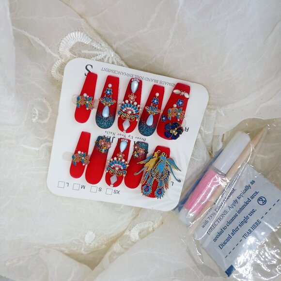 Other - High Quality Hand Made Red Chinese Wedding Press On Nails long Coffin Size S